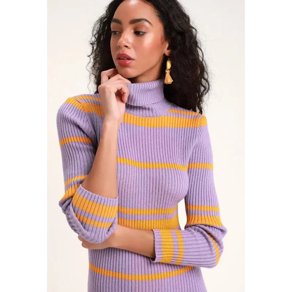Moon River Turtleneck Midi Dress L Purple Yellow Striped Ribbed Retro Mod